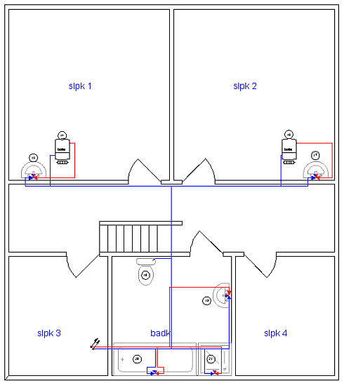Voorbeeld plan verdieping met leidingen zonder verdelers 
